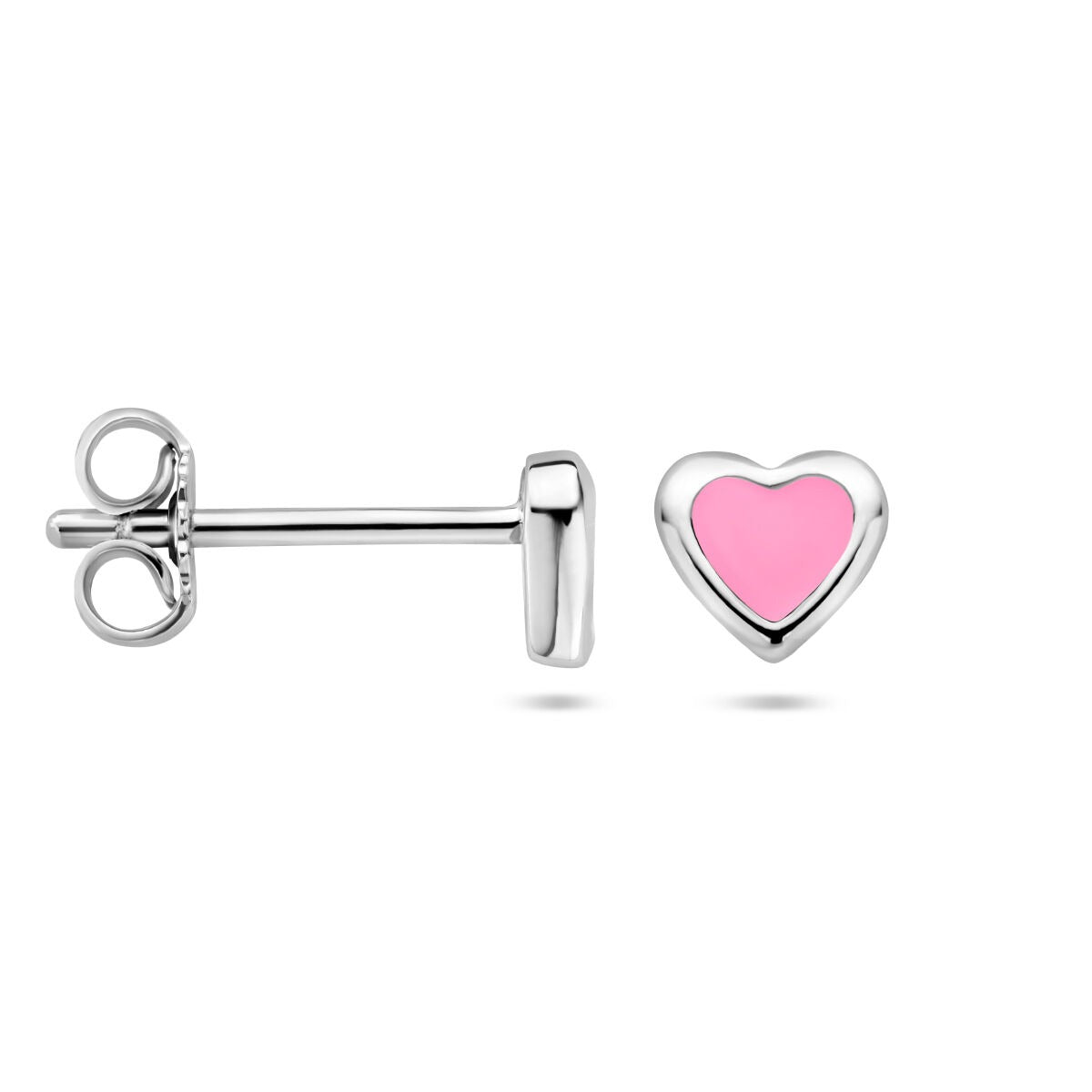 Pendientes de botón de plata con esmalte rosa en forma de corazón