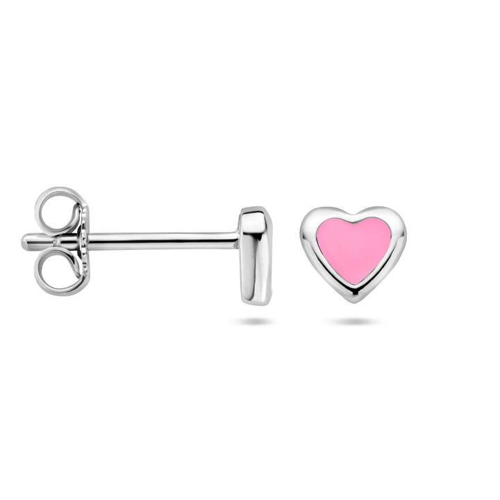 Zilveren hartjes oorknoppen met roze emaille