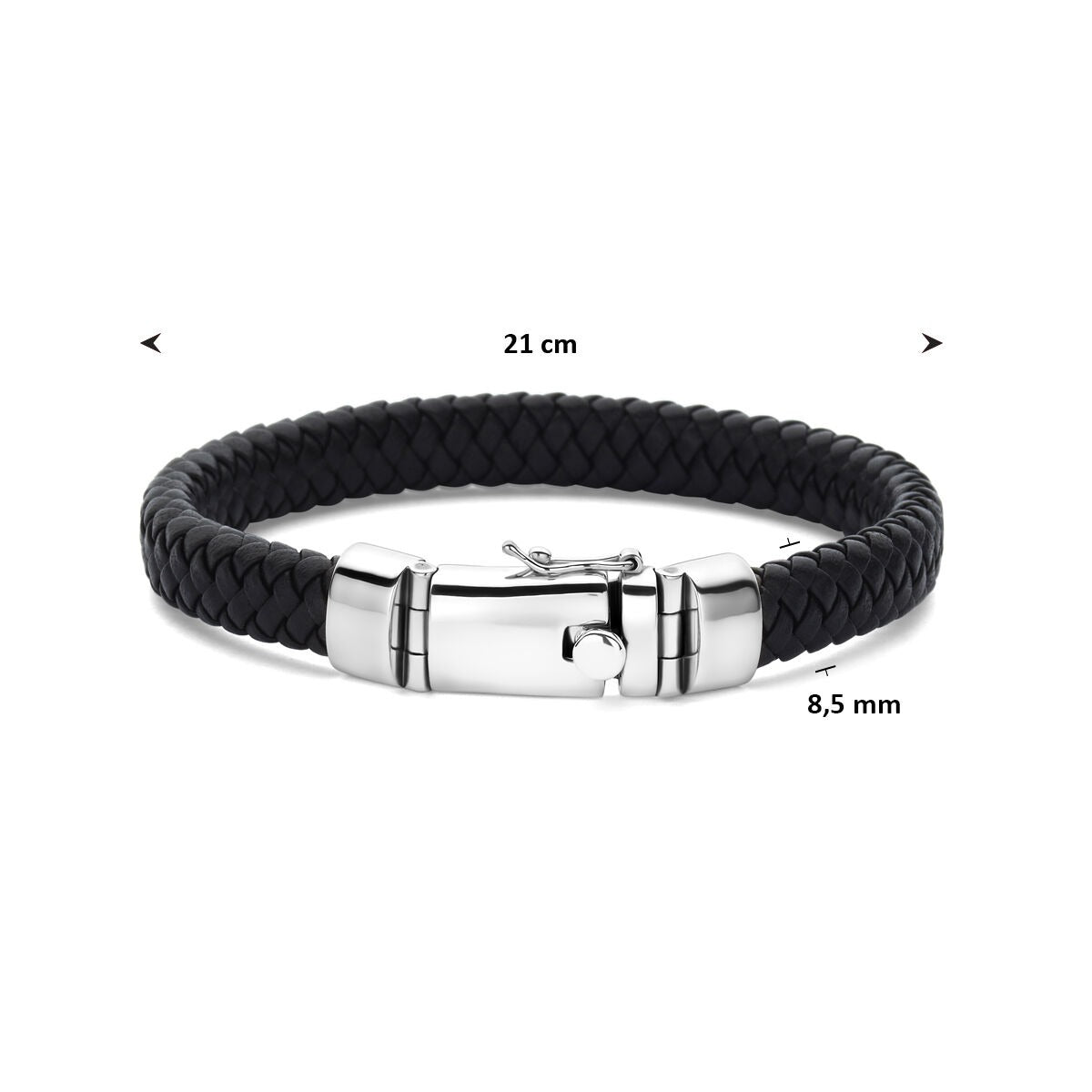 Pulsera de hombre de plata rodiada con cuero negro – 8,5 mm de ancho