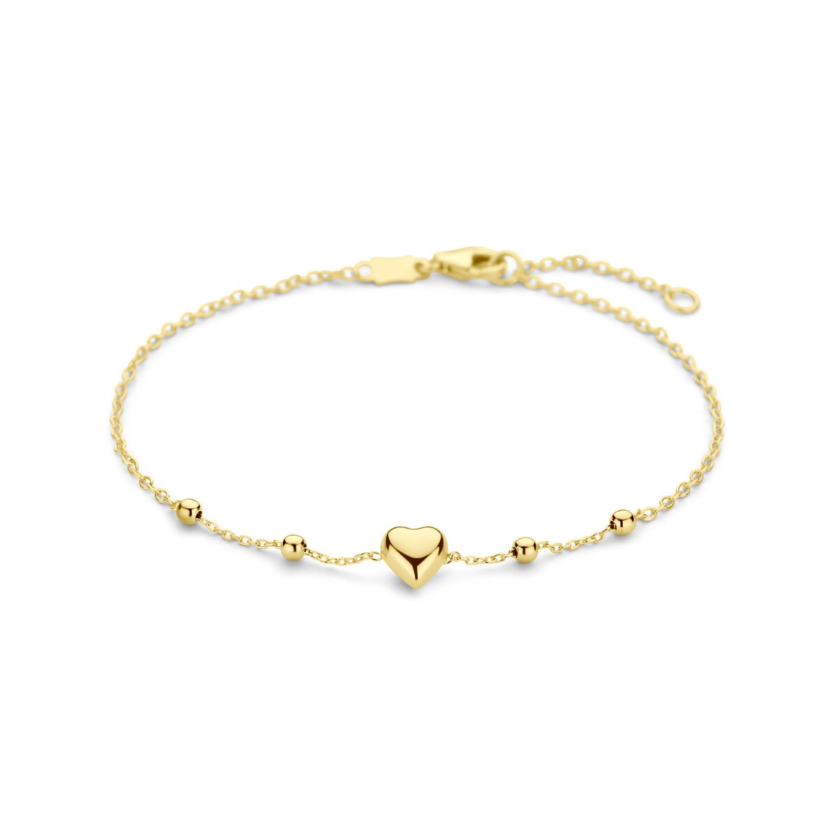 Pulsera infantil de oro amarillo de 14k con un corazón y bolitas.