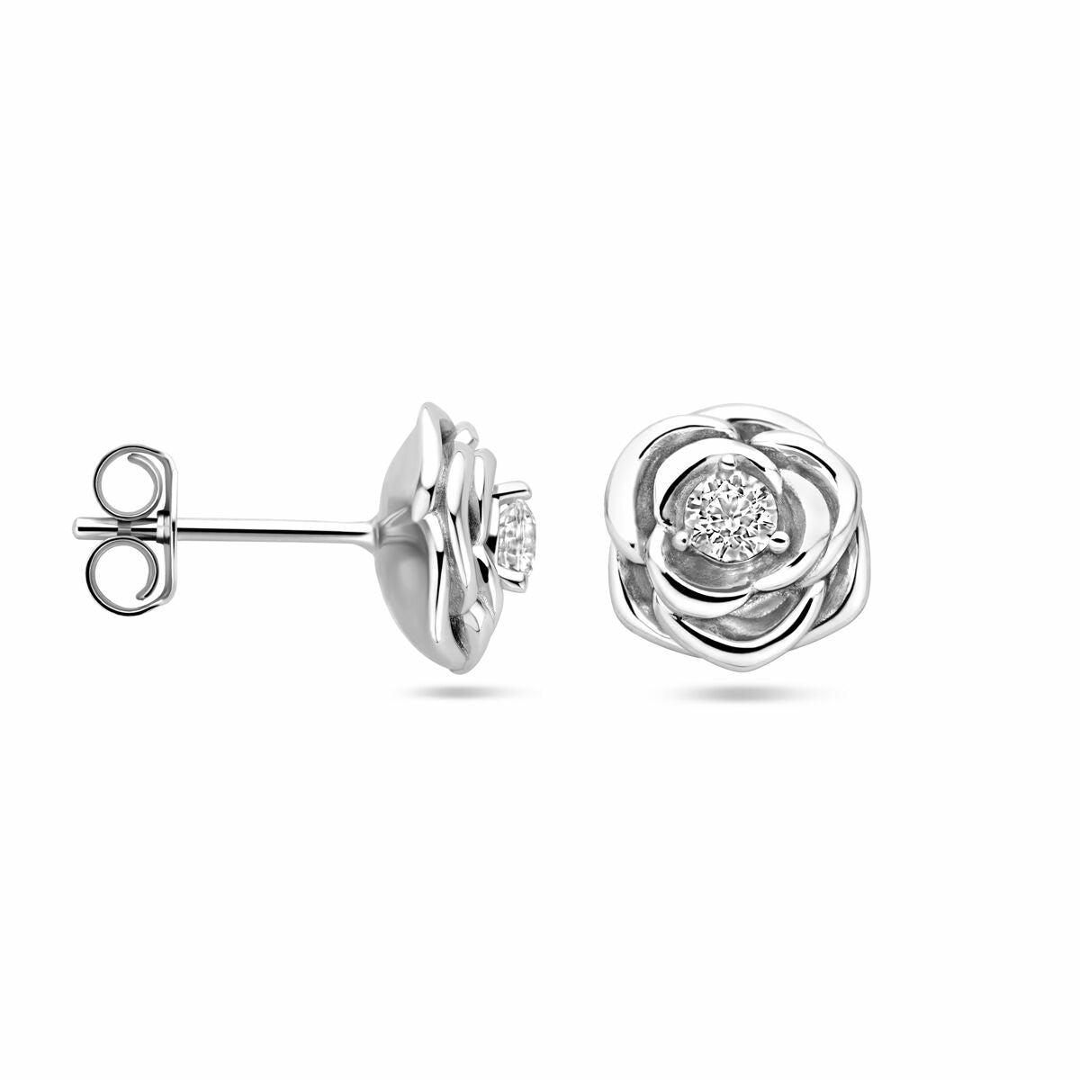 Pendientes de botón de plata con circonitas en forma de rosa