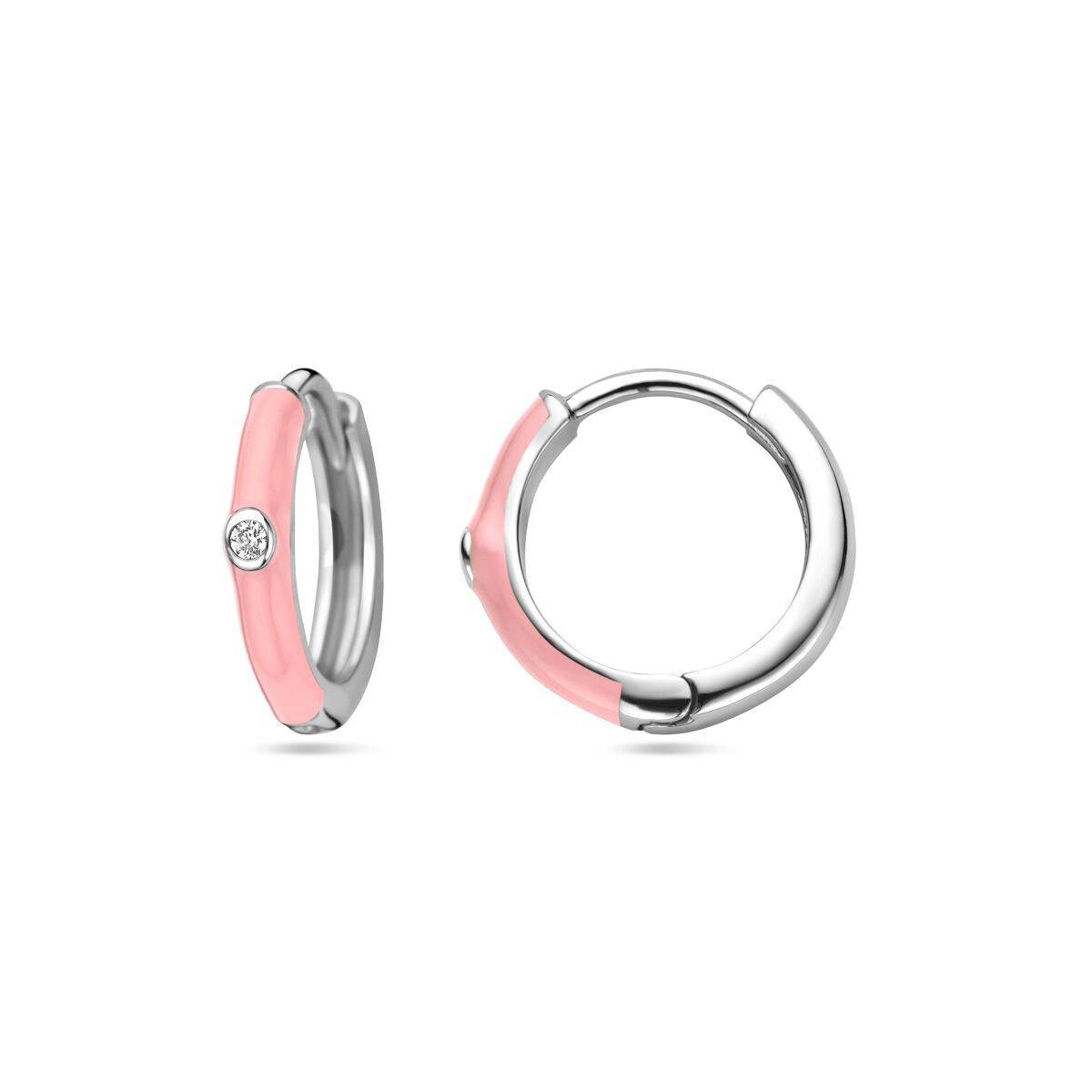 Aros de mujer de plata con circonitas y esmalte rosa - rodiados 15 mm