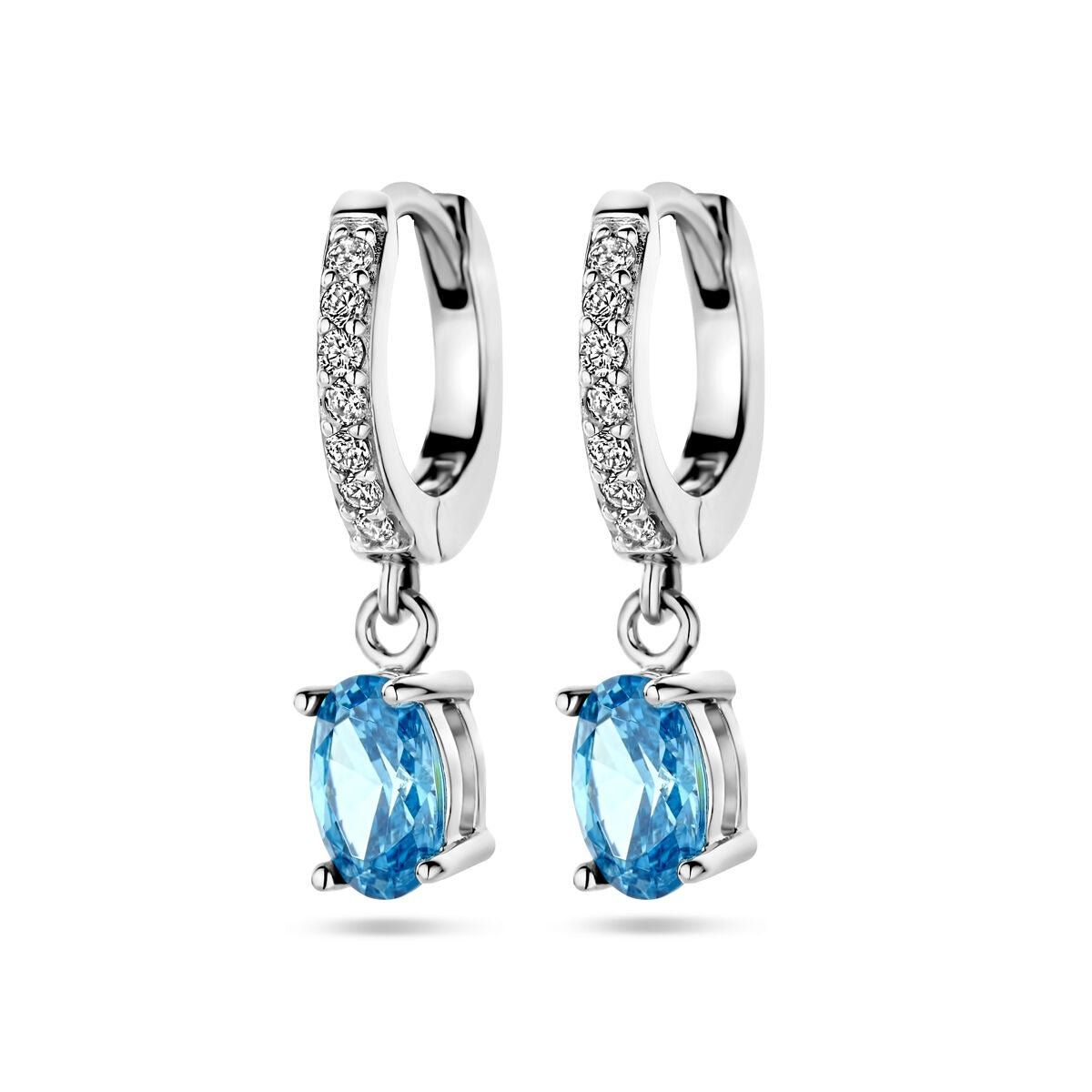 Aros de plata rodiada con circonitas blancas y azules, con un diseño colgante.