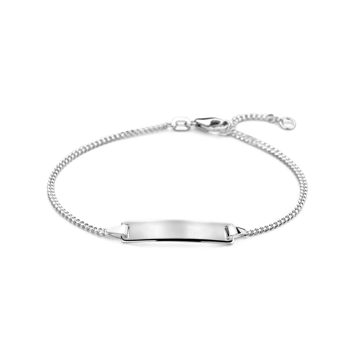 Pulsera de mujer de plata con eslabones gourmette y placa de grabado.