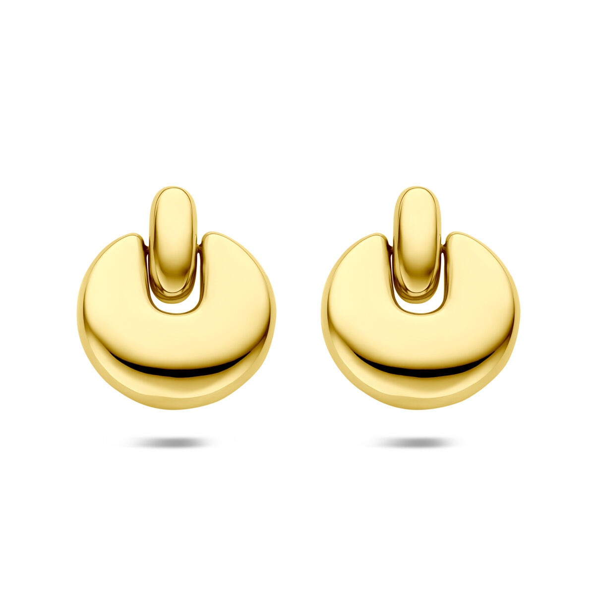 Pendientes de mujer en acero color amarillo con ion plating, forma semicircular de 29,5 mm.