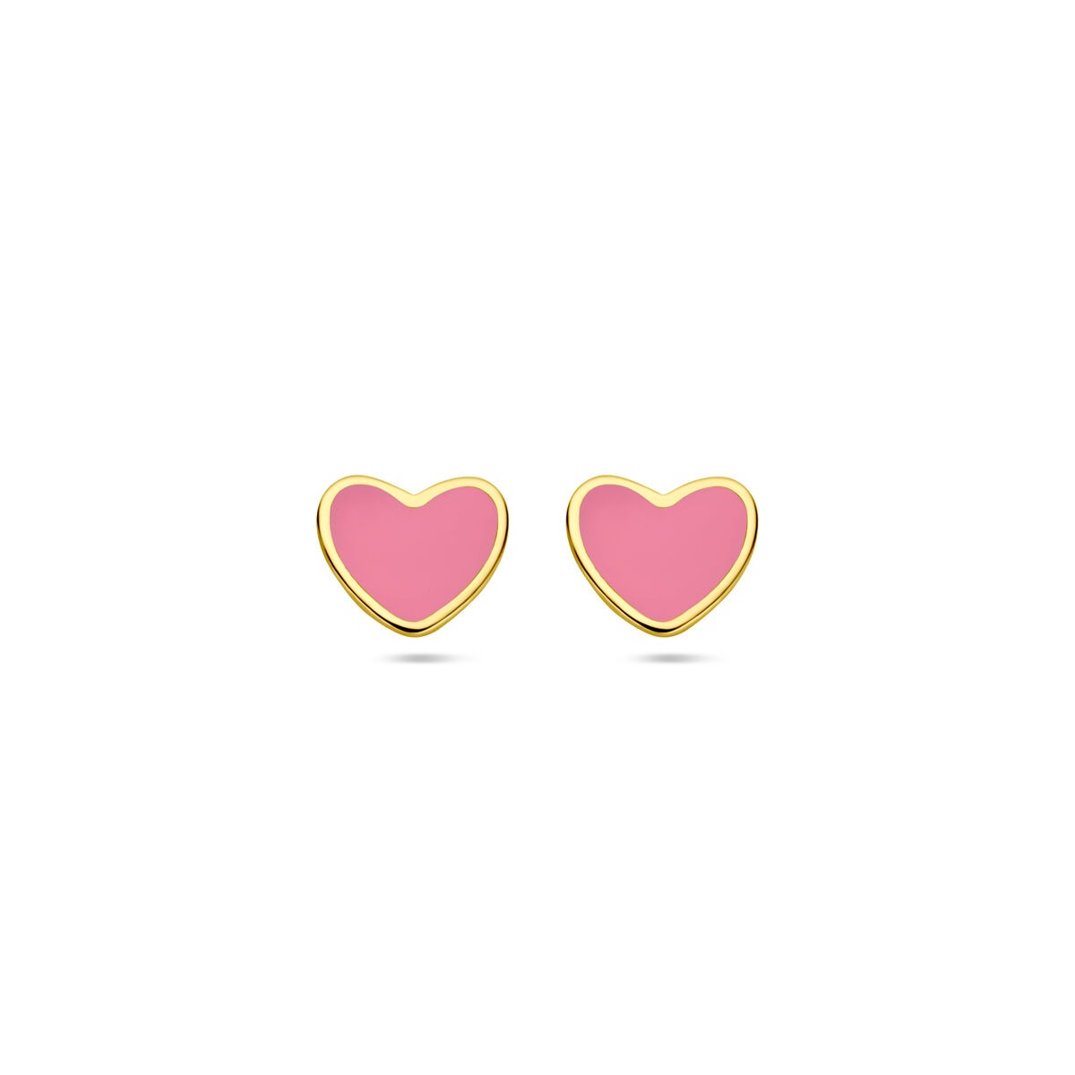 Pendientes de primera puesta en forma de corazón, con epoxy rosa y acabado en oro amarillo de 14k.