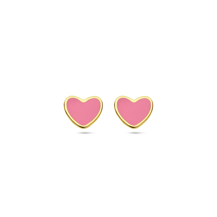 14k geelgouden kinder oorknoppen – hartje met roze epoxy