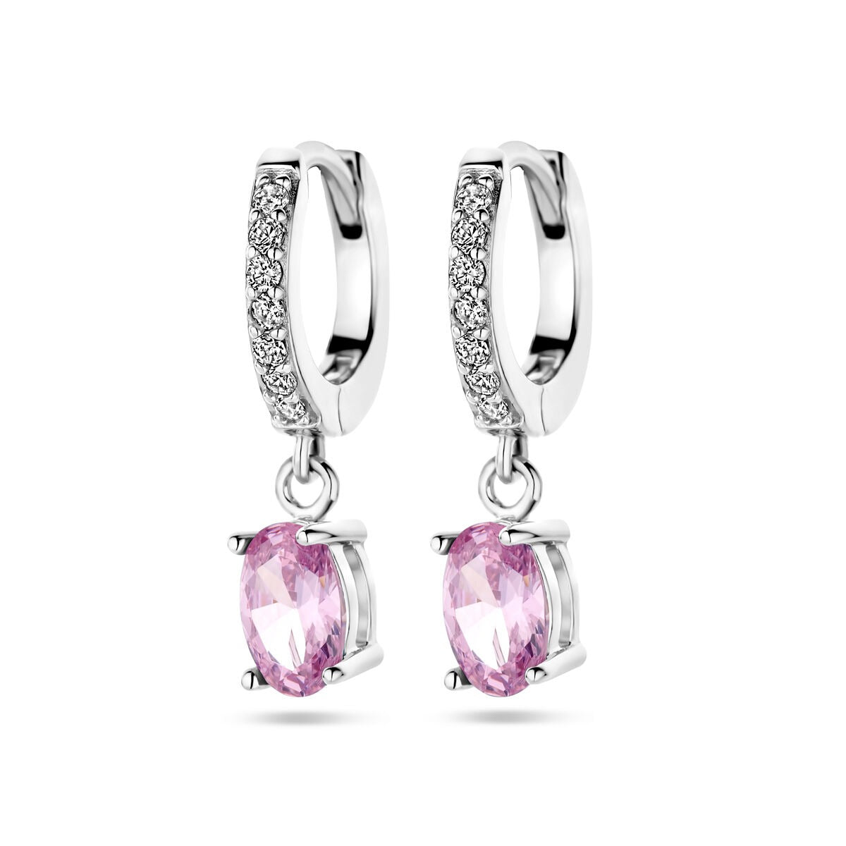 Pendientes de aro de plata rodiada con circonitas rosas y blancas.