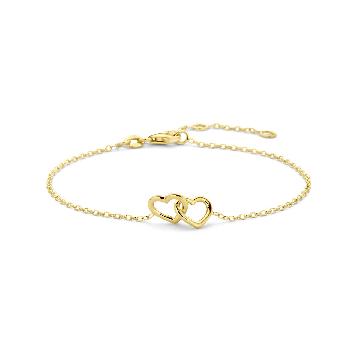 Pulsera de oro amarillo de 14 quilates con dos corazones entrelazados.