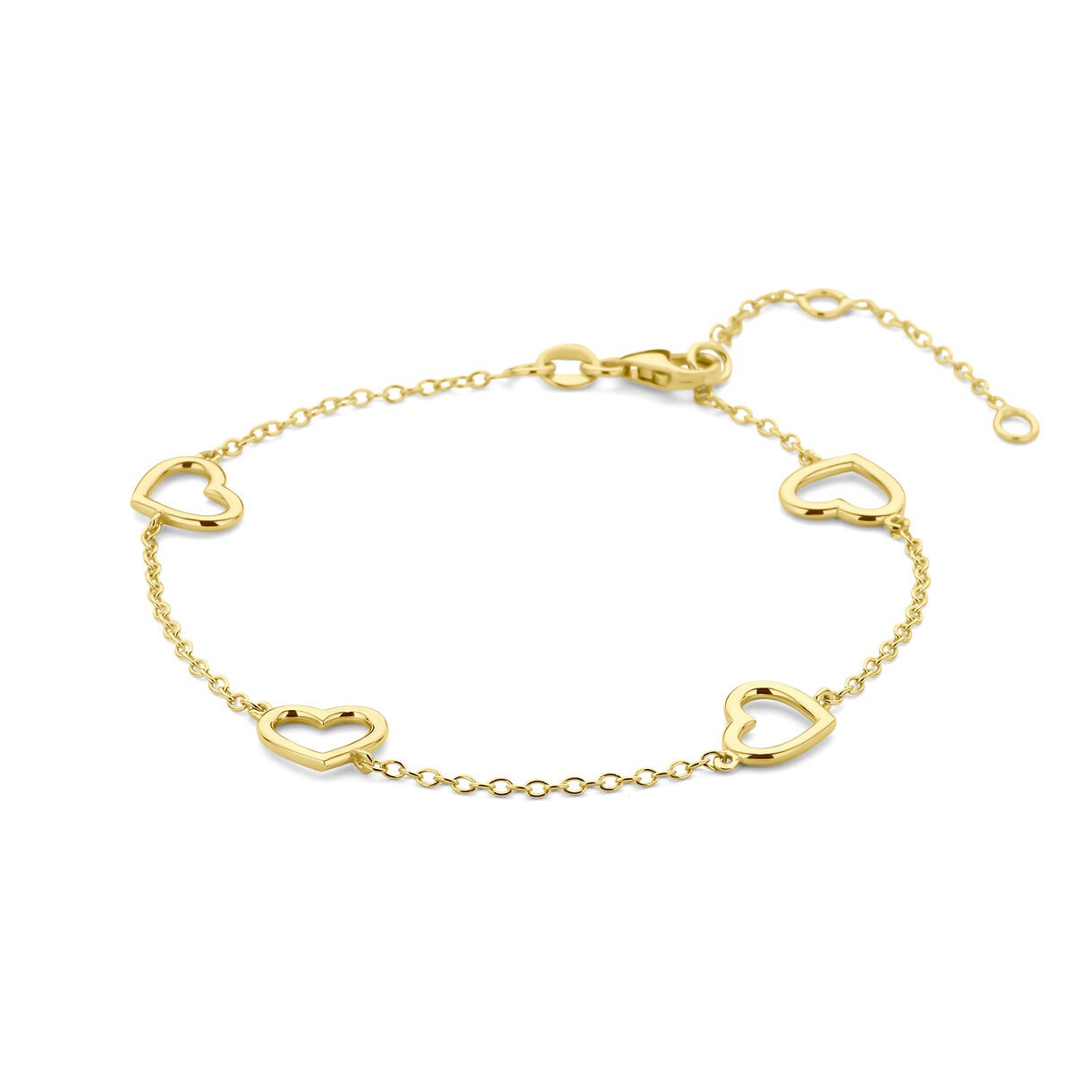 Pulsera de corazones en oro amarillo de 14 quilates con cinco corazones entrelazados.