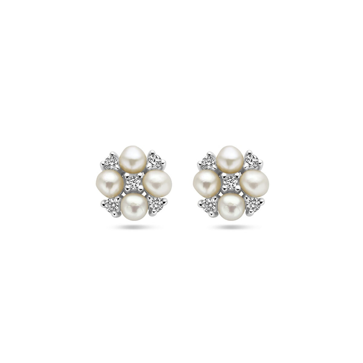 Pendientes de perlas de agua dulce con circonitas, en plata rodiada, de 7.5 mm.