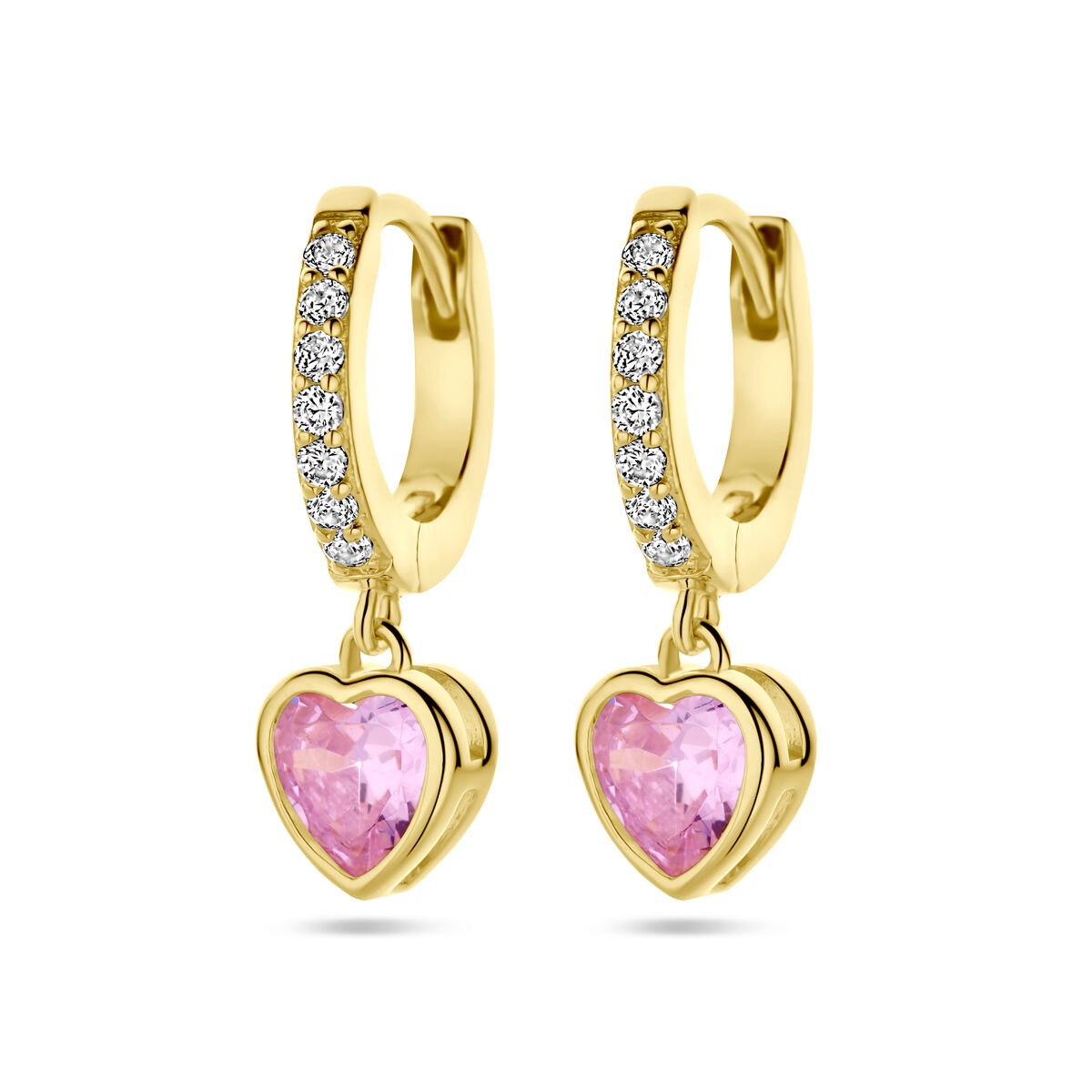 Aros chapados en oro con corazón rosa de circonita y acentos blancos