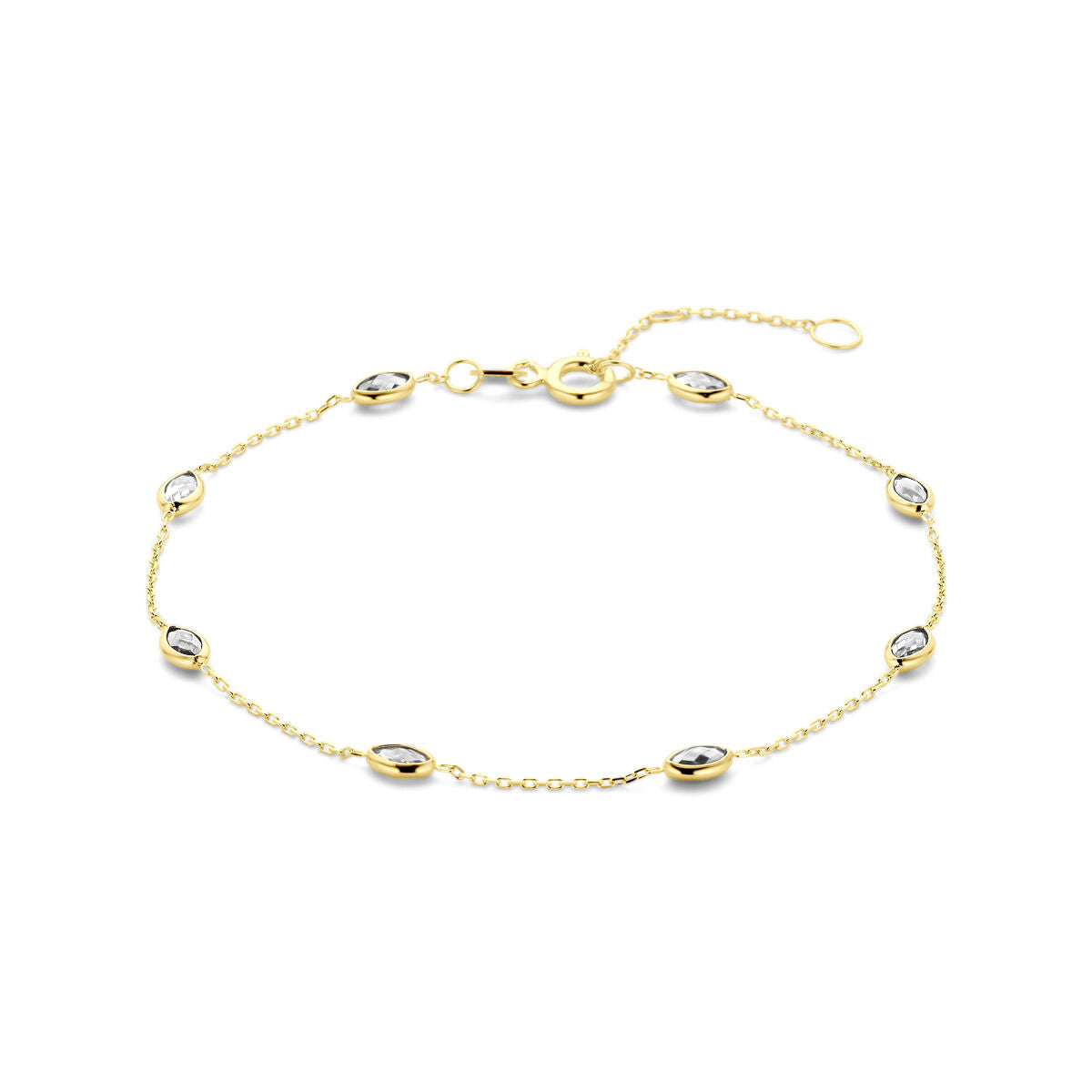 Pulsera de oro amarillo de 14k con zircón, con eslabones ovalados y cierre de langosta.