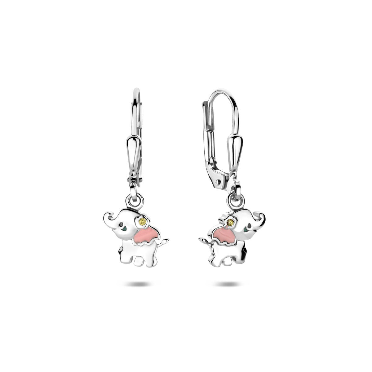 Pendientes de niña en forma de elefante, de plata rodiada 925 con esmalte y circonitas, 23 mm.