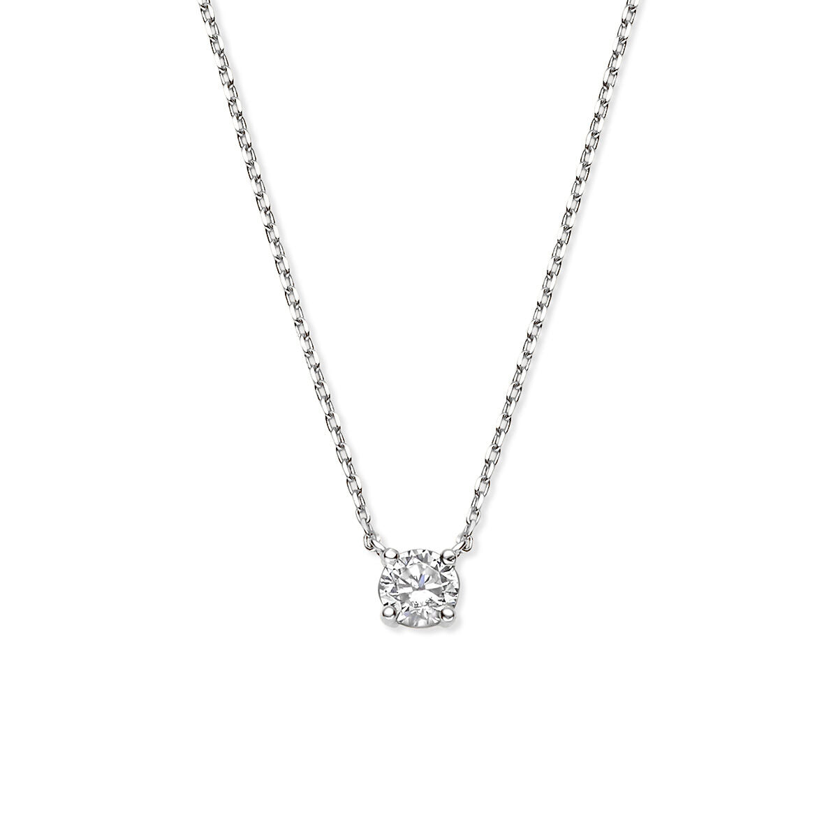 Cadena de ancla en oro blanco de 14k con zircón, detalle central cuadrado brillante.