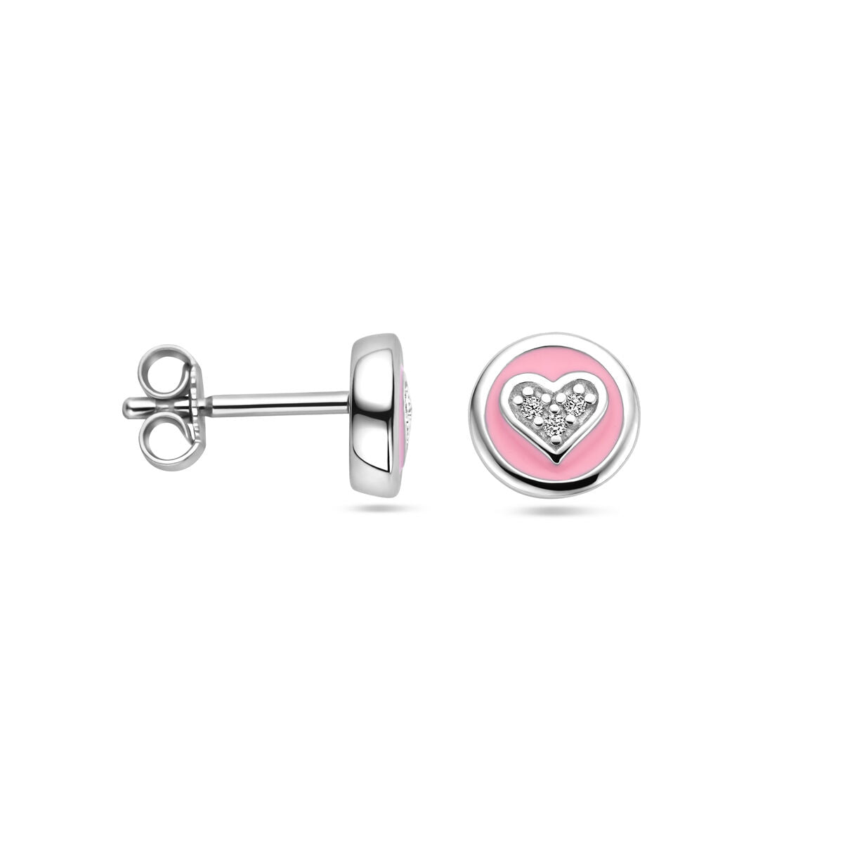 Pendientes infantiles de plata con esmalte rosa y corazón de circonita