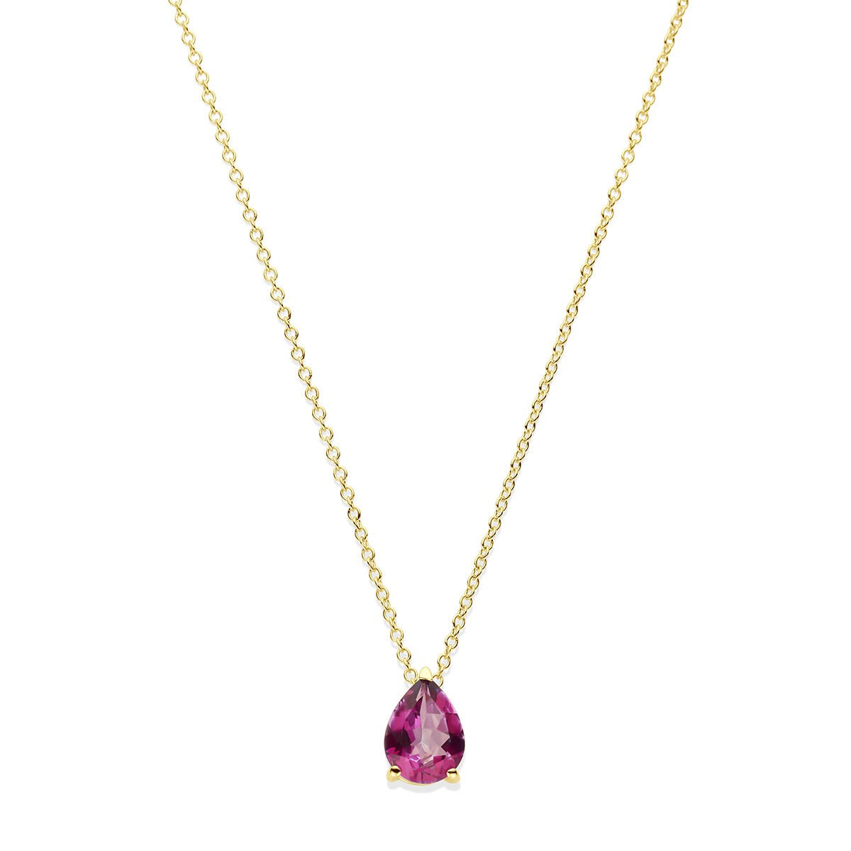 Collar de oro amarillo de 14 quilates con topacio rosa en forma de pera.