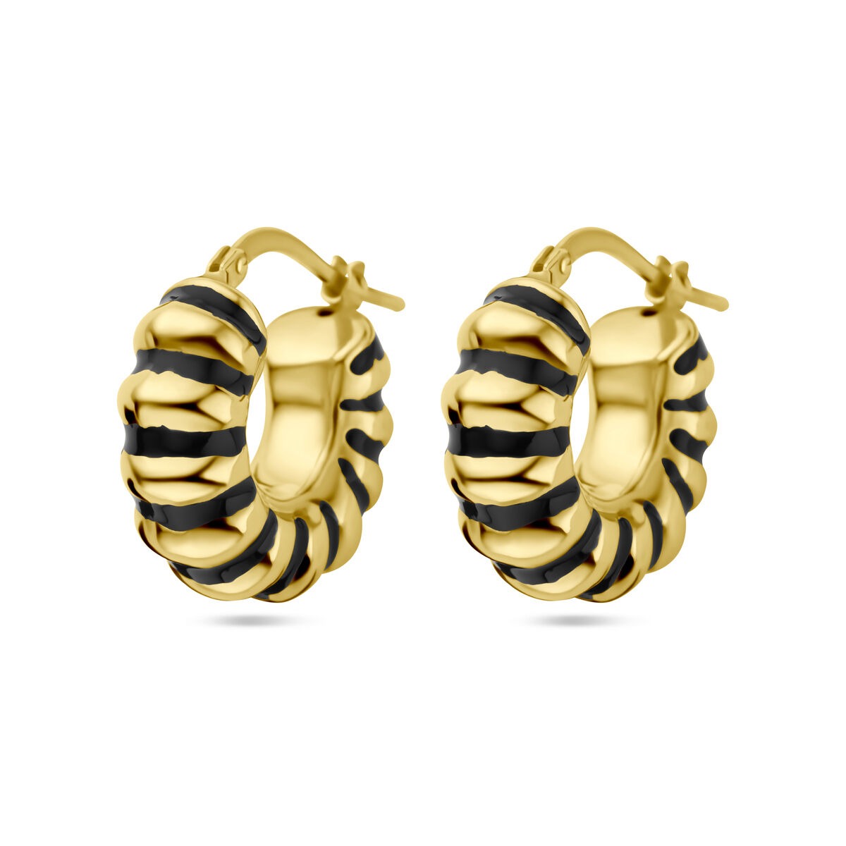 Pendientes de aro plateados, bañados en oro amarillo con esmalte negro.