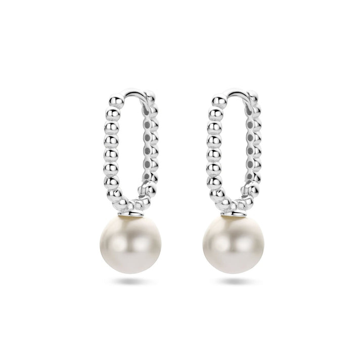 Zilveren dames klapoorringen met synthetische parel – gerhodineerd 20 mm