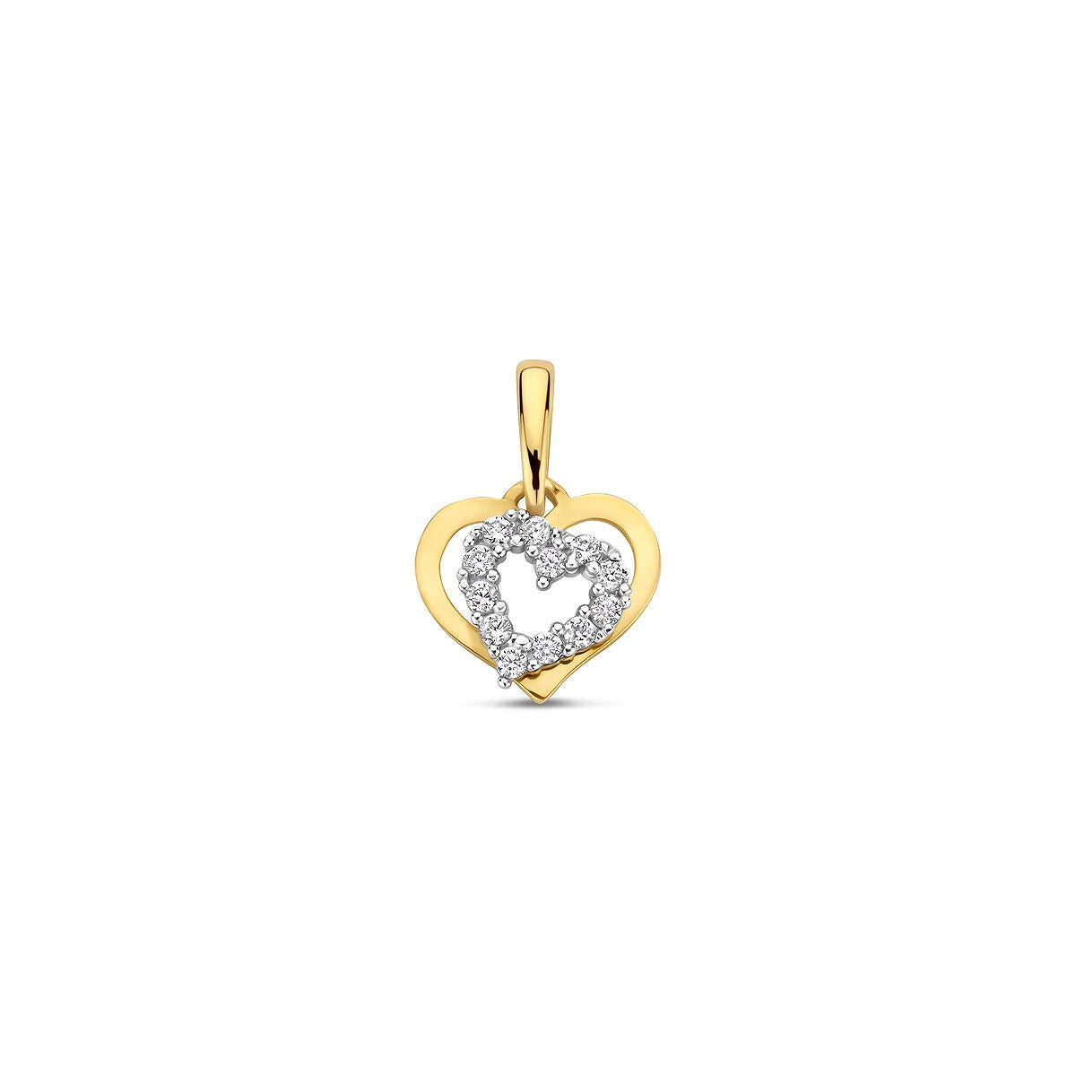 Colgante bicolor en forma de corazón con zircón en el centro.