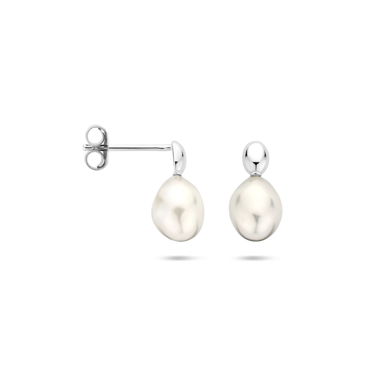 Pendientes de botón de plata con perla de agua dulce – plata 925 rodiada, 13 x 6.5 mm