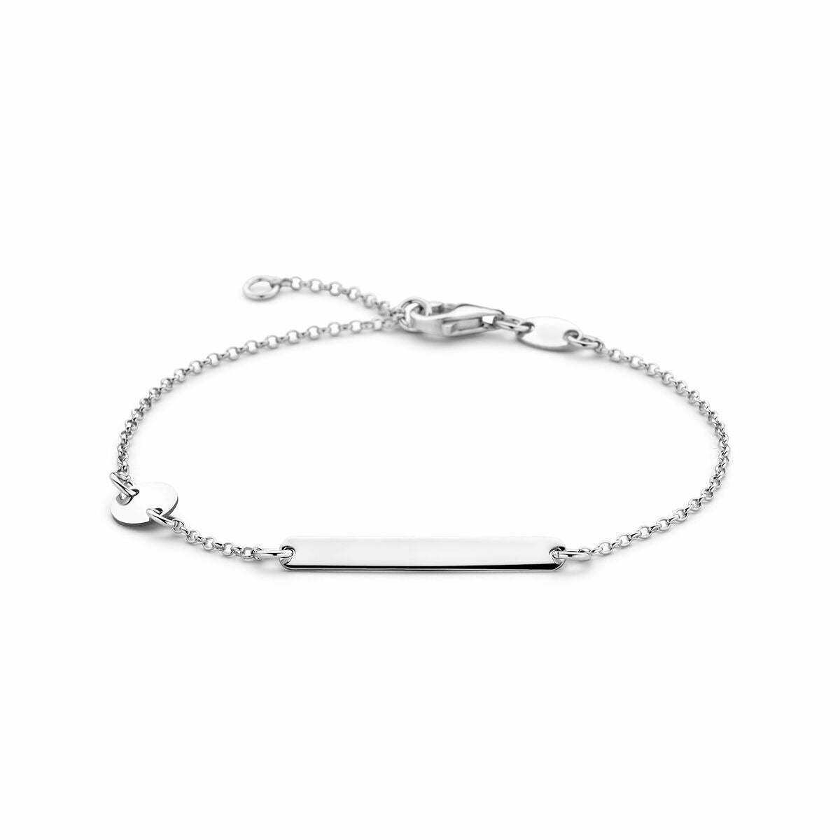 Pulsera de plata rodiada para dama con una placa rectangular y un detalle circular.
