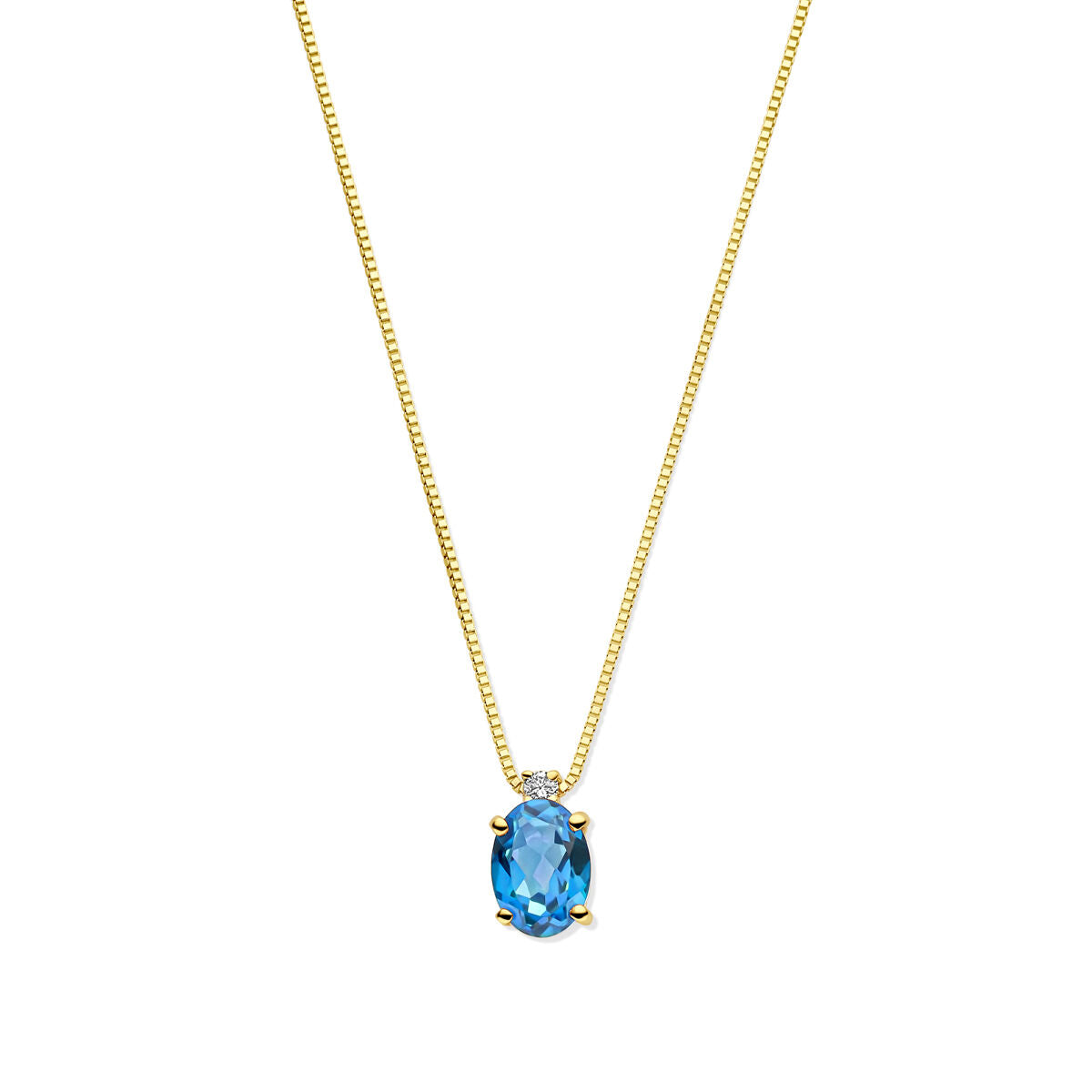Collar de oro amarillo de 14k con topacio London Blue y diamante.