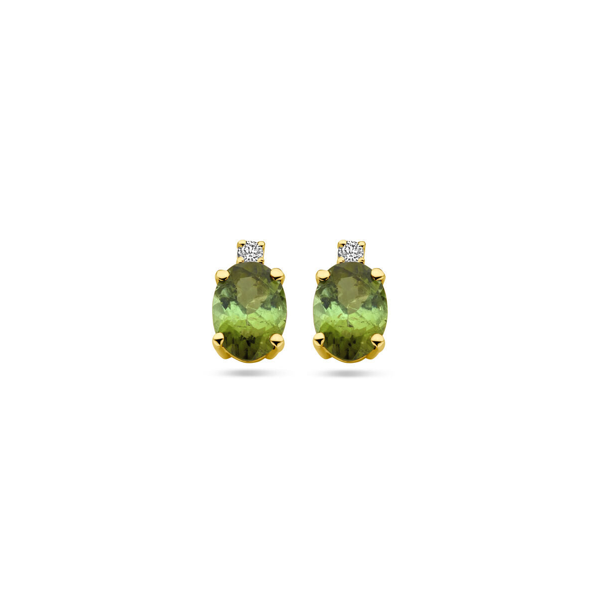 Pendientes de oro amarillo de 14k con turmalina verde y diamante.