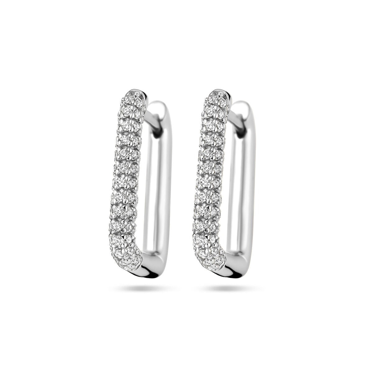 Pendientes de aro de plata rodiada 925 con circonitas brillantes en la parte frontal.