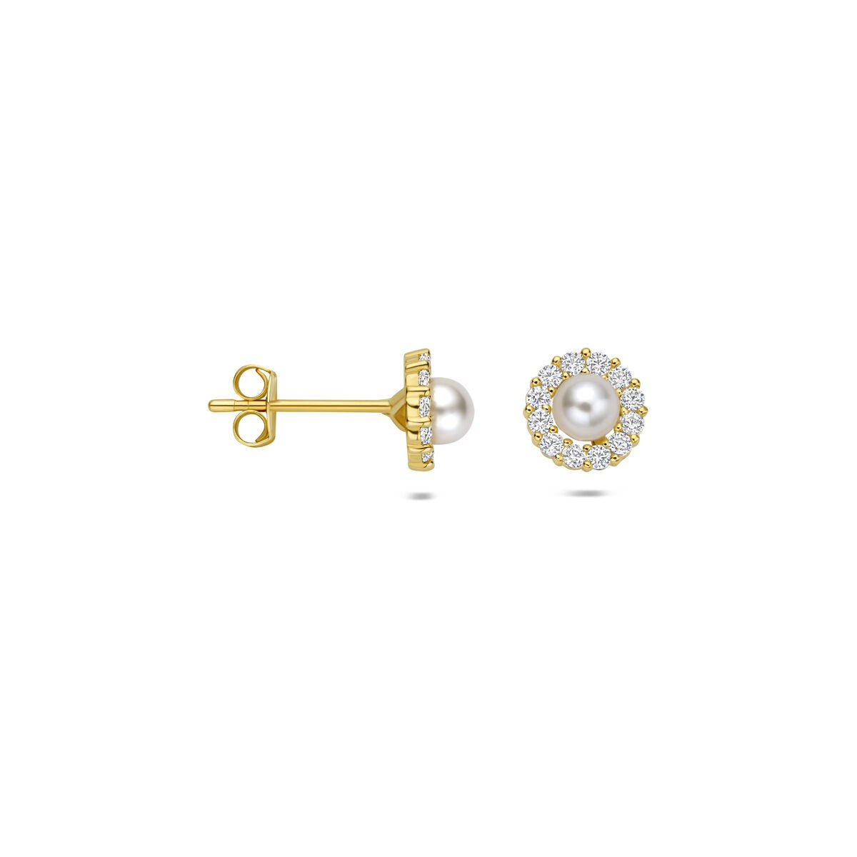 Pendientes de botón de oro con perla de agua dulce y circonita – 14k