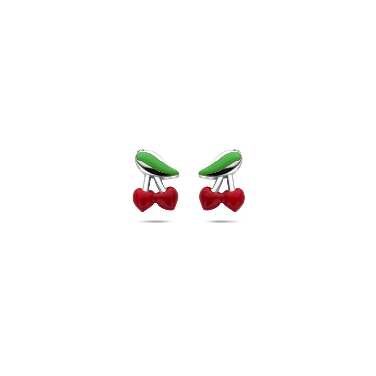Pendientes de primera puesta en forma de cerezas, con detalles en verde y rojo, de 8 mm.