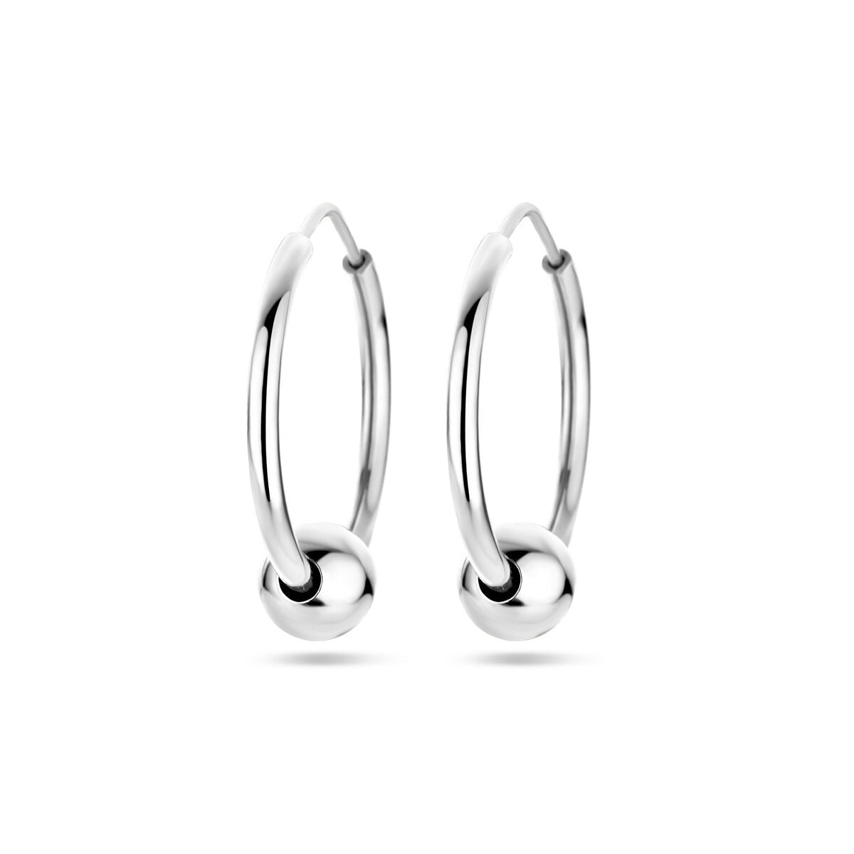Aros de plata rhodium con bolita en el centro, acabado brillante y forma circular.