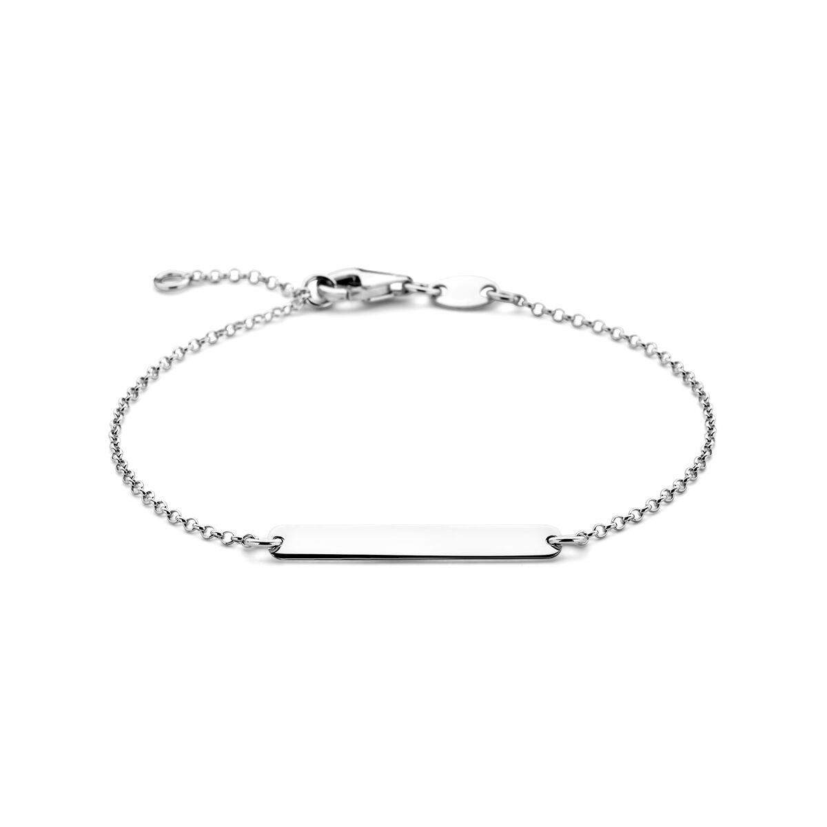 Pulsera de plata rodiada para dama con placa rectangular para grabar.