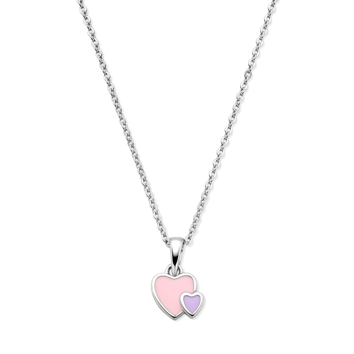 Collar de plata rodiada 925 con colgante de corazones en tonos rosa y lila.