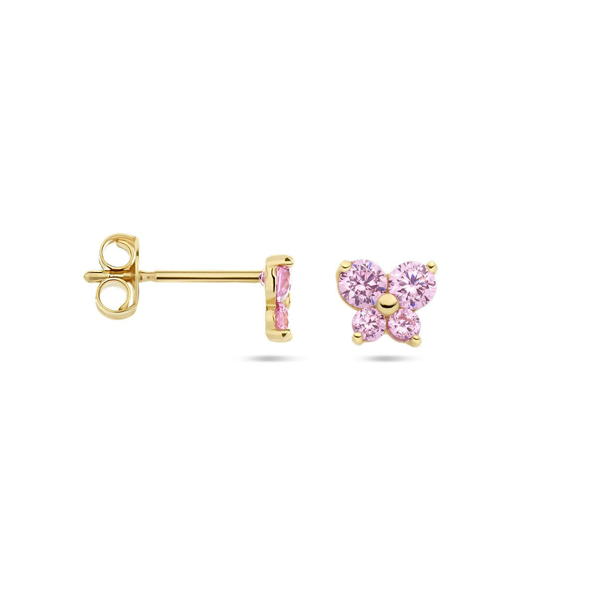 pendientes de botón de oro amarillo con mariposa y circonita rosa