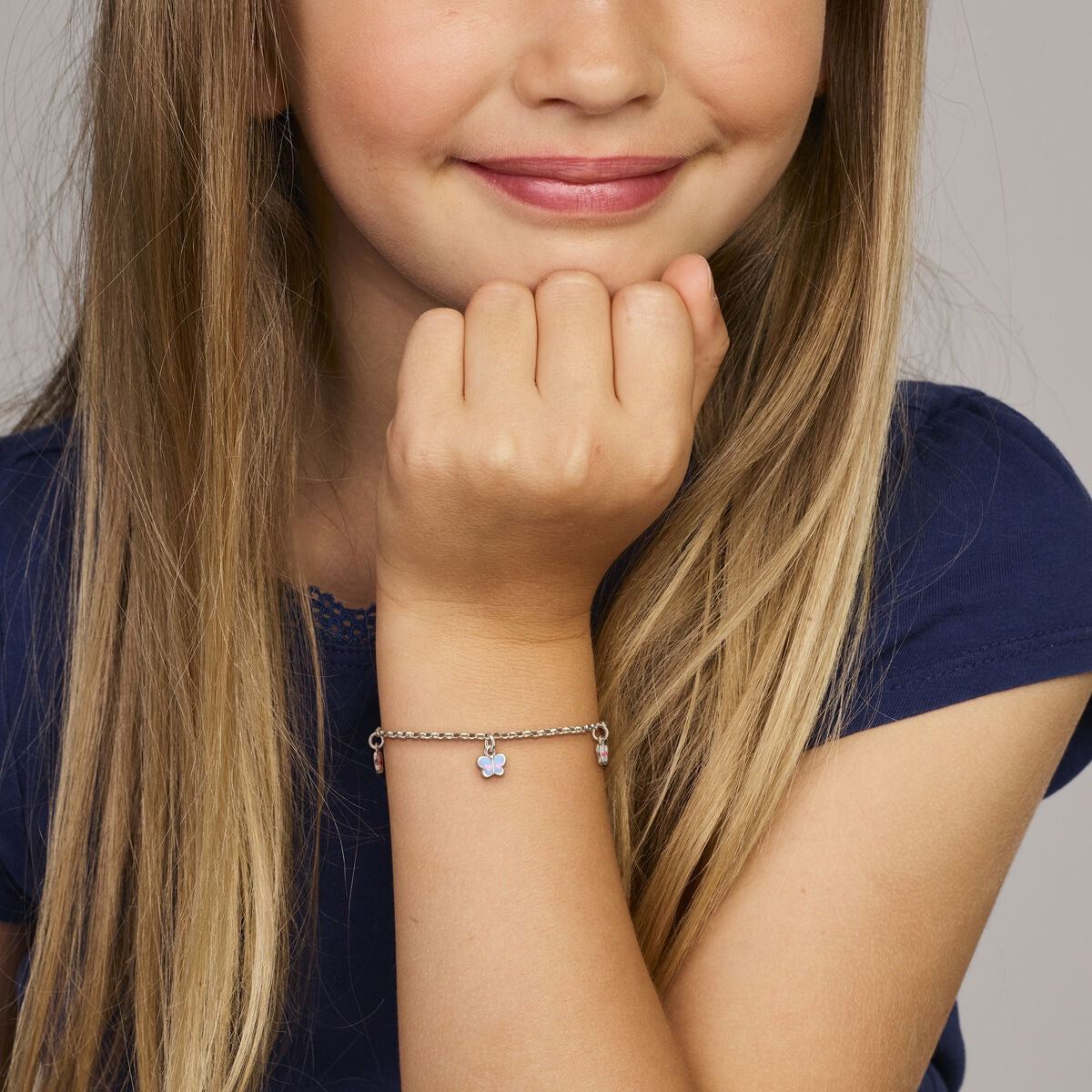 Pulsera infantil de plata 925 con mariposas y esmalte chapado en oro