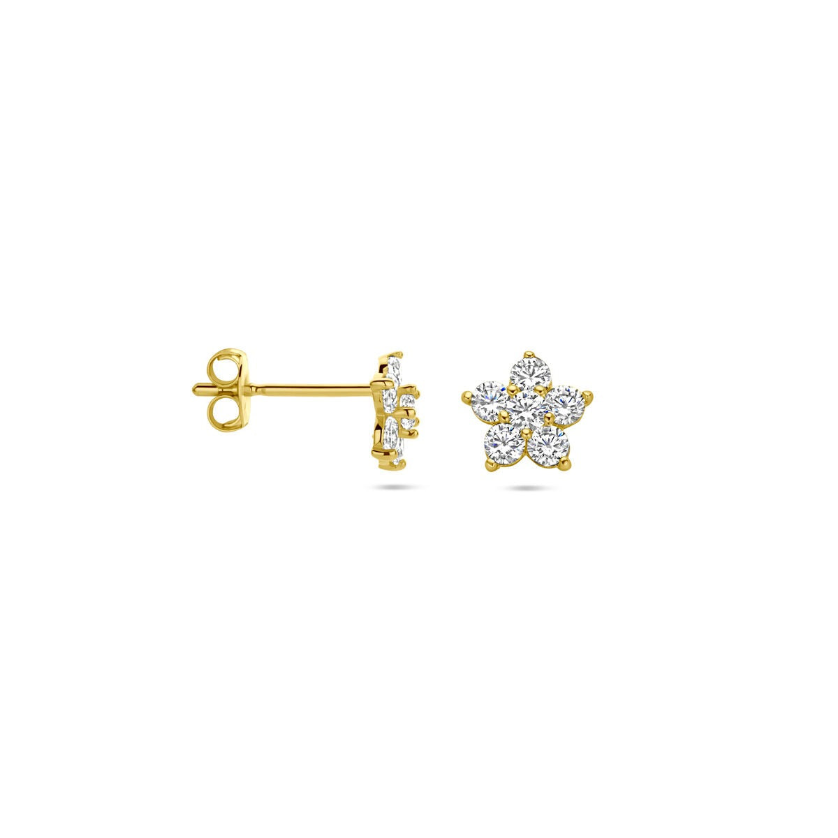 Pendientes infantiles de oro amarillo – forma de flor con zirconia transparente