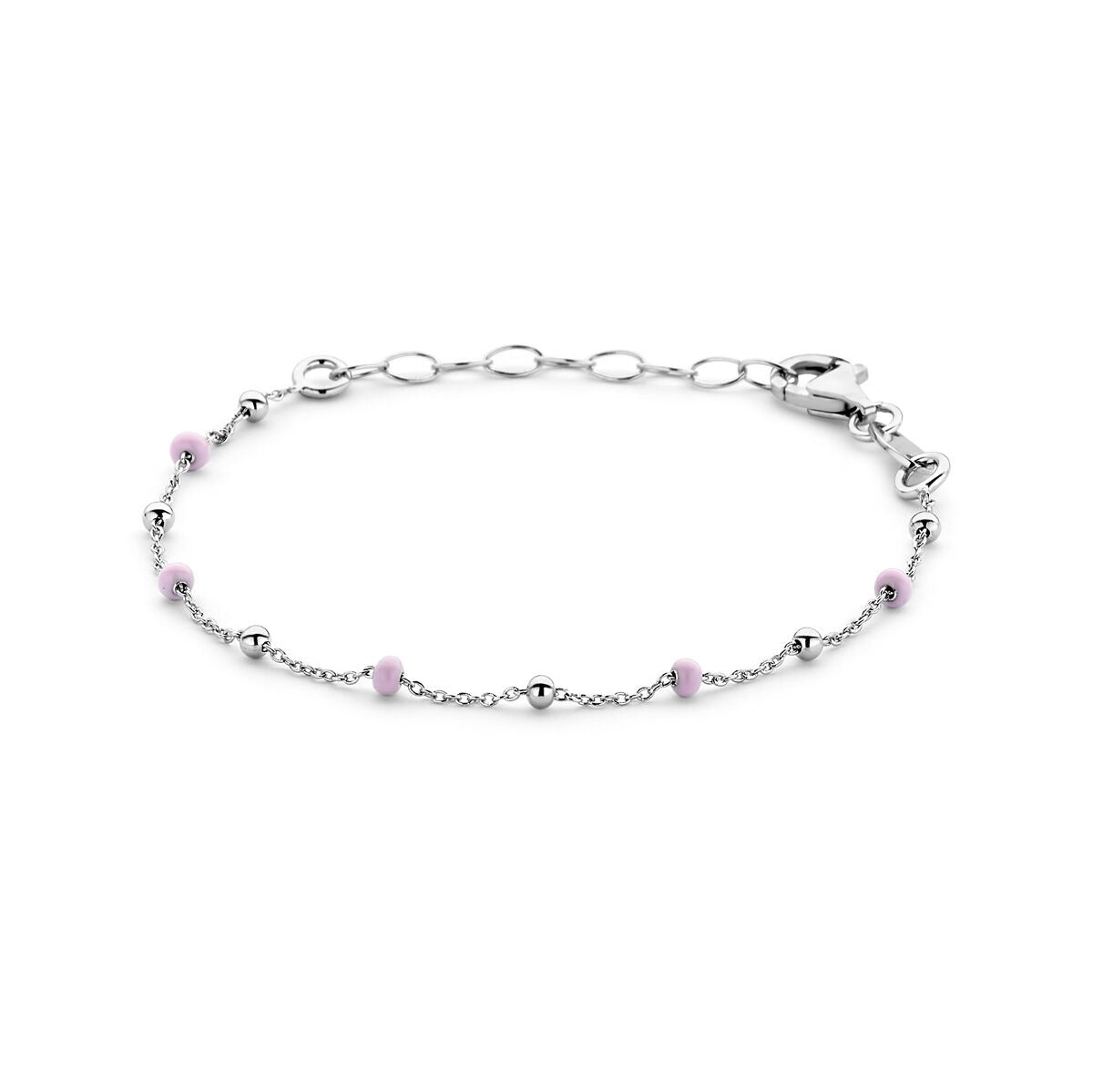 Pulsera de plata rodiada con bolitas de esmalte rosa.