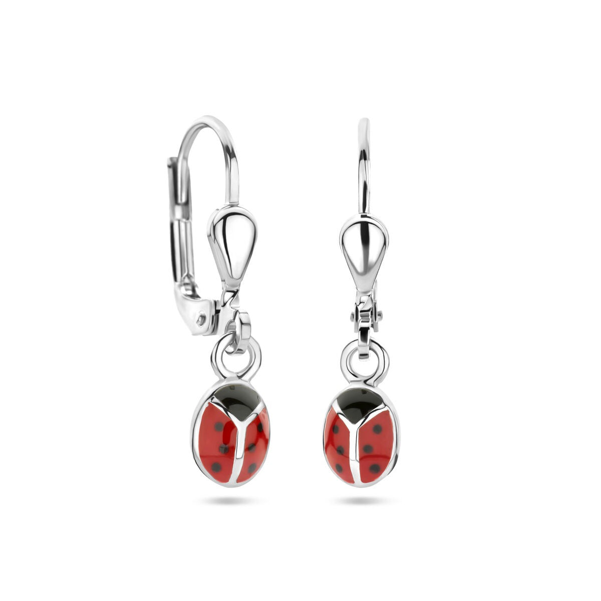 Pendientes infantiles de plata con diseño de mariquita – rodiados con esmalte
