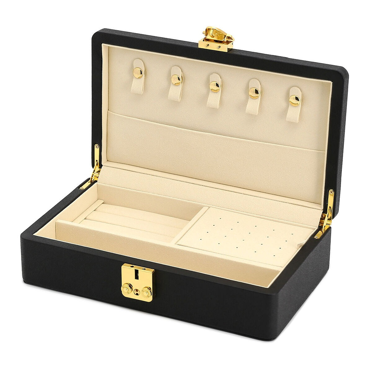 Caja de joyería de lujo negra con detalles en oro – compacta y elegante