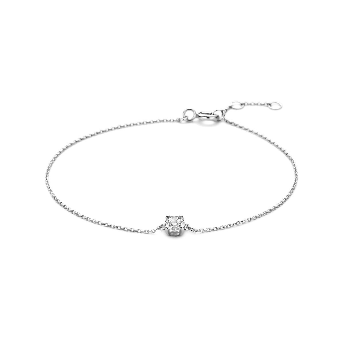 Pulsera de oro blanco de 14k con zirconias y eslabones en forma de ancla.