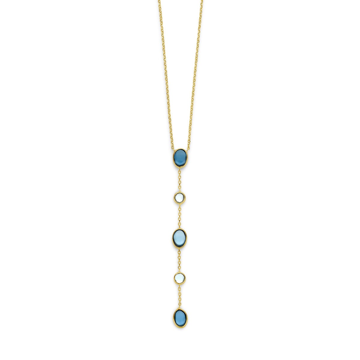 Collar de dama en oro de 14k con topacios London Blue y azules, con diseño alargado y eslabones.
