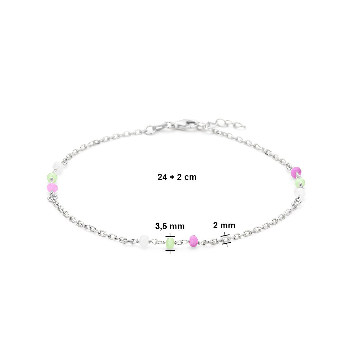 Pulsera de plata con cristal en blanco, verde y rosa