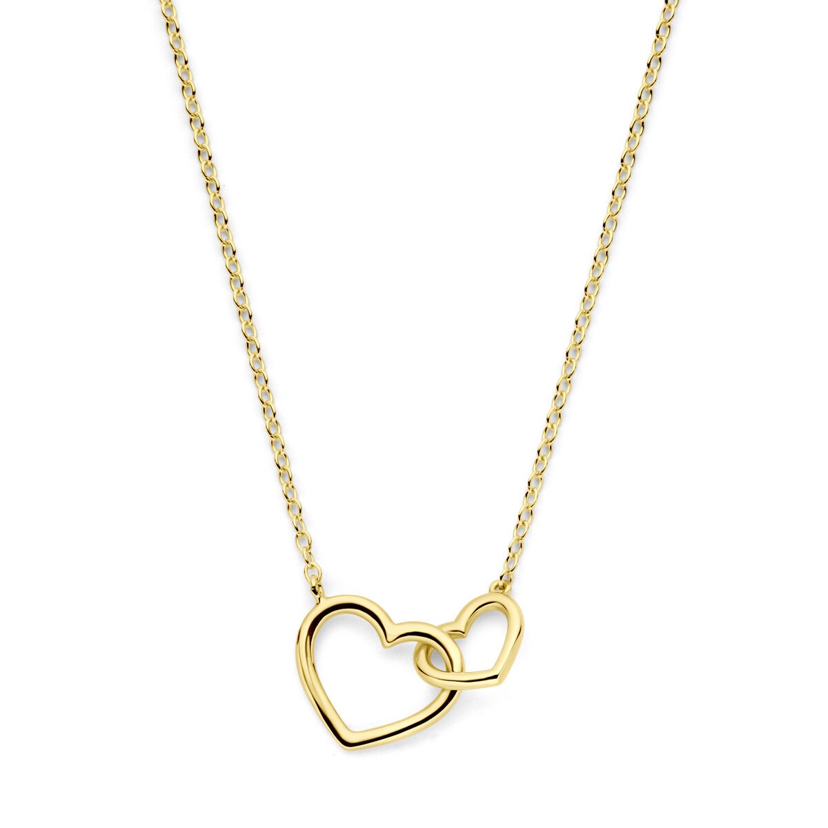 Collar de oro amarillo de 14k con dos corazones entrelazados.