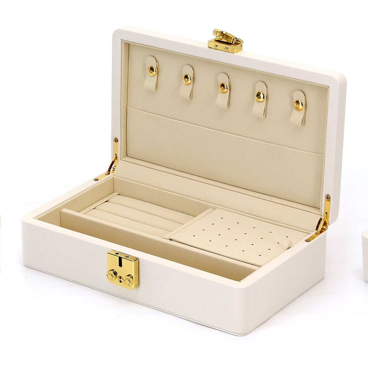 Caja de joyería de lujo beige con acentos amarillos - compacta y elegante