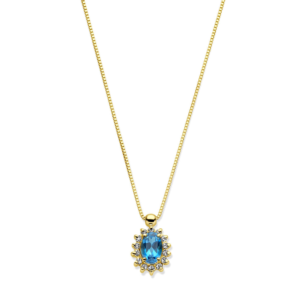 Collar de oro amarillo de 14k con topacio London Blue y diamantes en un colgante decorativo.