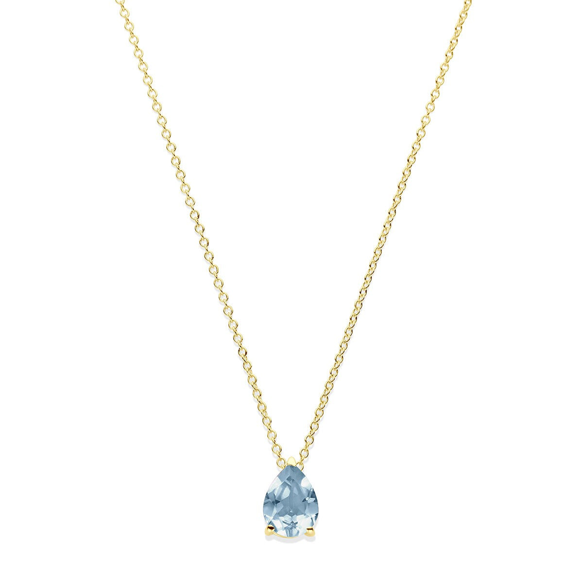 Collar de oro amarillo de 14k con topacio azul en forma de pera.