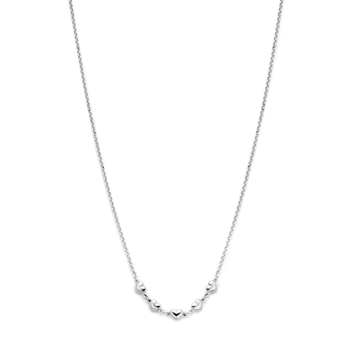 Collar de plata rodiada para dama con pequeños corazones, longitud de 41 a 45 cm.