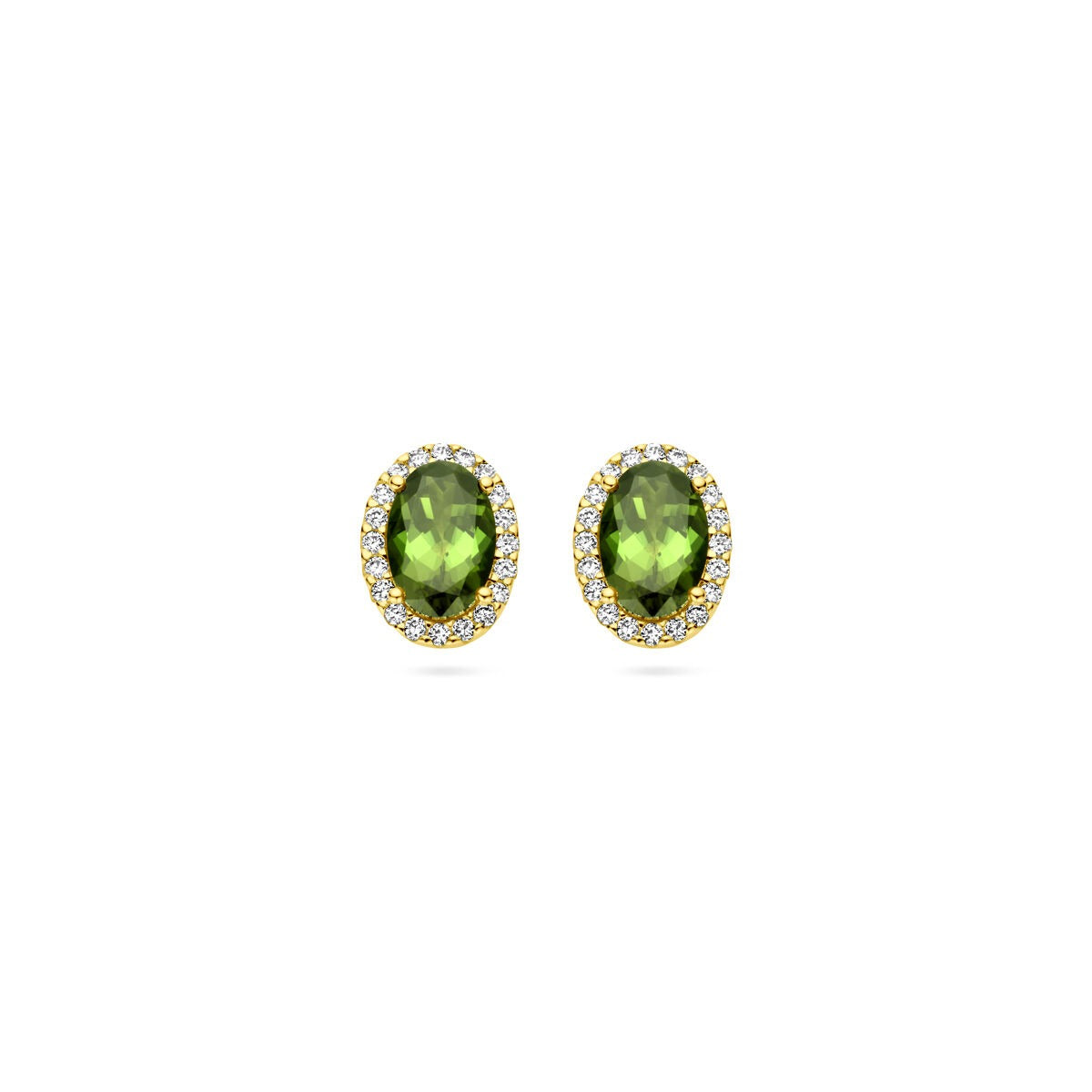 Pendientes de oro amarillo de 14k con turmalina y diamantes, forma ovalada y brillante.
