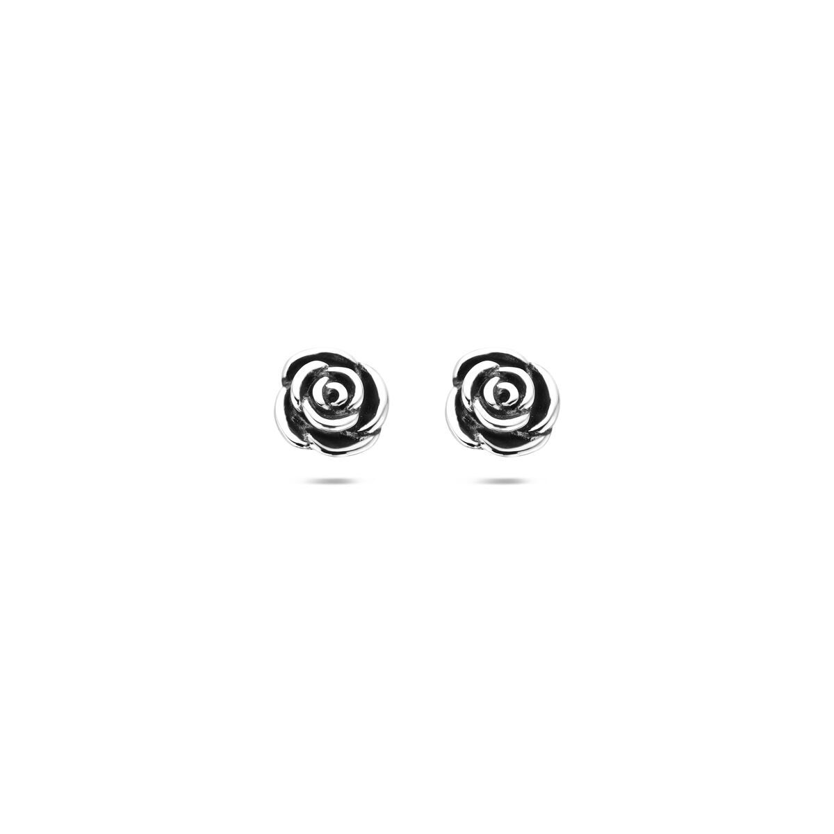Pendientes de primera puesta plateados con motivo de flor oxidada en forma de rosa.